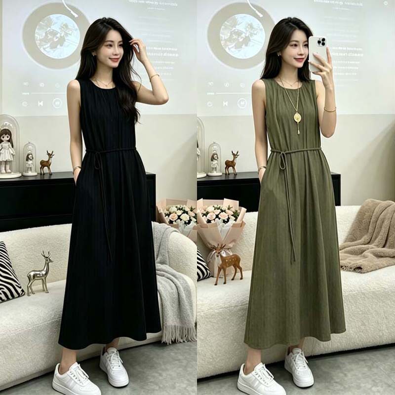 French-Style Vintage Pocket Dress for Women, Summer Slimming, Figure-Flattering, Fashionable, Waist-Cinching, Sleeveless, Versatile, Loose, Pleated, Strap Dress