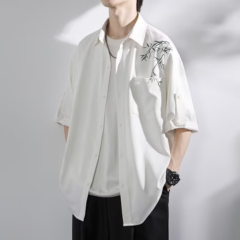 New Chinese Style Bamboo Print Short-Sleeved Shirt for Men Summer New High-End Ice-Feel Loose Casual Shirt for Men New Chinese Style Bamboo Print Short-Sleeved Shirt for Men Summer New High-End Ice-Feel Loose Casual Shirt for Men