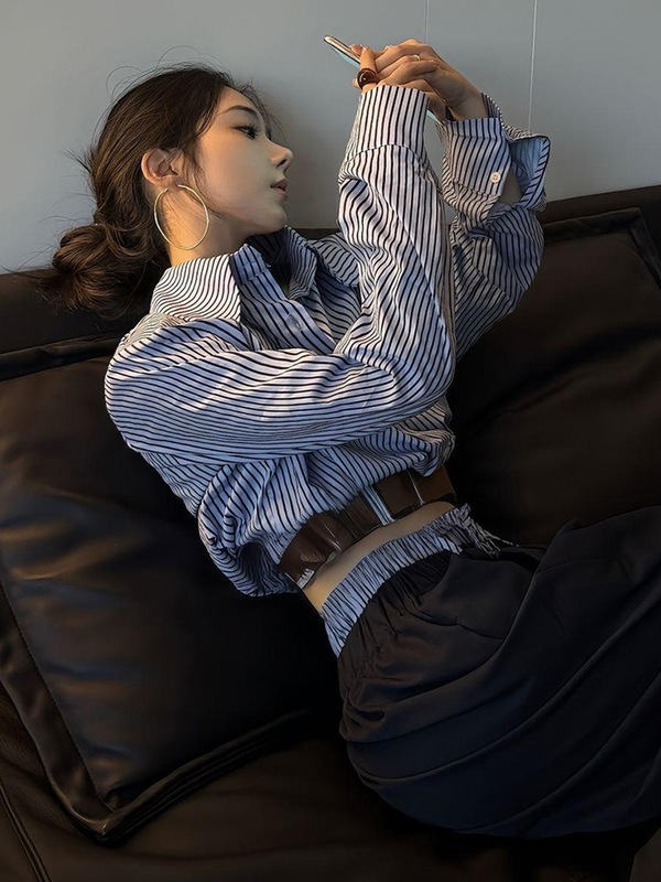 2025韩系chic蓝色条纹长袖衬衫女秋季时尚气质修身显瘦感开衫衬衣|undefined