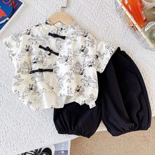 儿童中国风夏季熊猫印花套装新款洋气小童复古宽松七分裤两件套潮