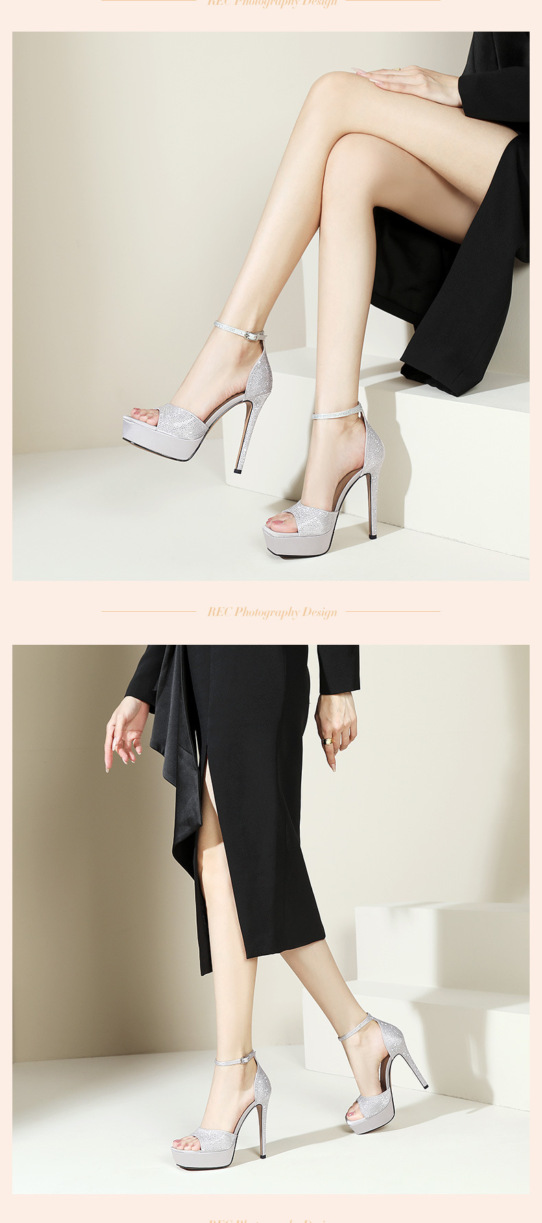 Giày cao gót nữ mũi nhọn gót siêu cao đế xuồng platform dáng catwalk — Màu Sâm panh chi tiết 10