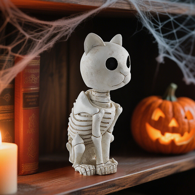  New Personality Skull Skeleton Cat Resin Ornaments Halloween Desktop Horror Atmosphere Decoration Ornaments