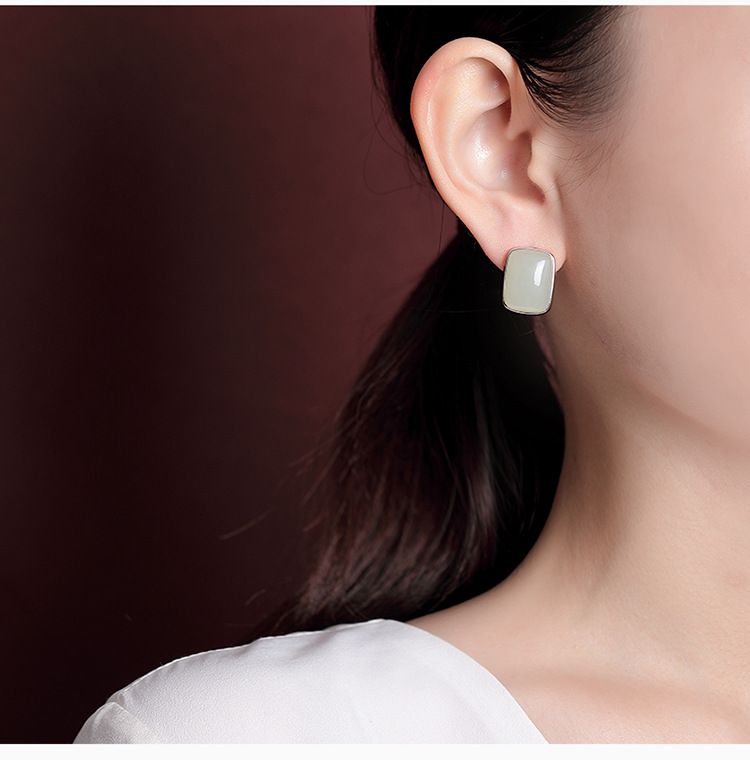 Khuyên tai nữ bạc S925 mạ vàng đính ngọc Hetian hình vuông phong cách đơn giản sang trọng — Kiểu màu bạc chi tiết 8