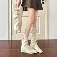 白色坡跟两穿裤管靴女2025秋冬新款长筒靴女可拆卸长靴弹力瘦瘦靴