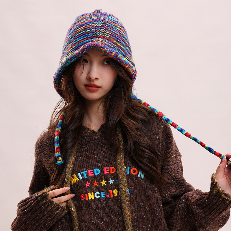 Cappelli di lana autunnali e invernali per bambini, colori arcobaleno a contrasto per mettere in mostra il viso, piccola borsa con testa carina legata con corda_voghion.com