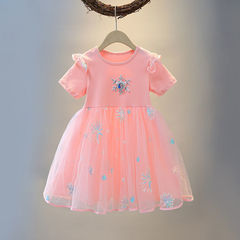Princess Dress Korean Style 2024 New Summer Short Sleeve Baby Dress Elsa Fashion Children's Net Dress