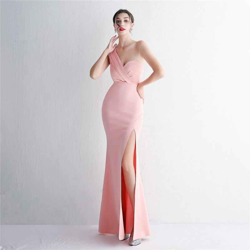 18933# satin new slim-fit one-shoulder long Lady dinner slimming fishtail dress wedding car model exhibition dress