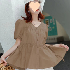 女性用シャツ、夏のゆったりとしたデザイン、半袖、カジュアル、ハイエンド、ファッショナブル、小さな香り、お腹カバー、痩身襟トップ、女性用