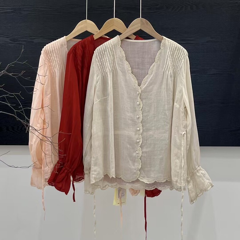 Lightweight Lace Ramie Shirt with Drawstring Design Cardigan 2025 Summer New Breathable Shirt for Women