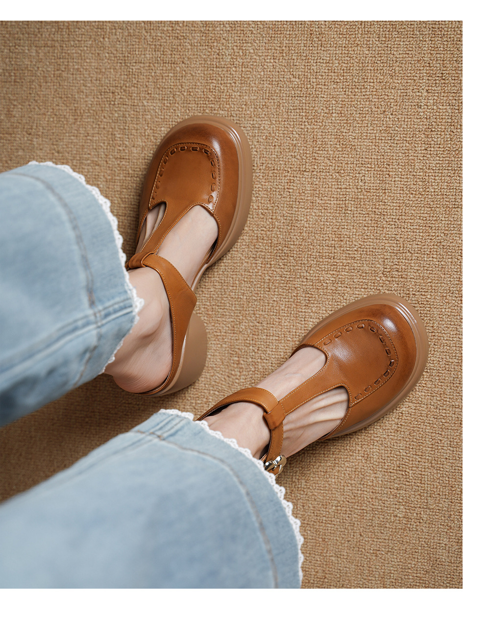 Sandal Mary Jane nữ mũi nhọn gót cao 8 cm quai ngang khóa dây — màu trắng ngà chi tiết 7