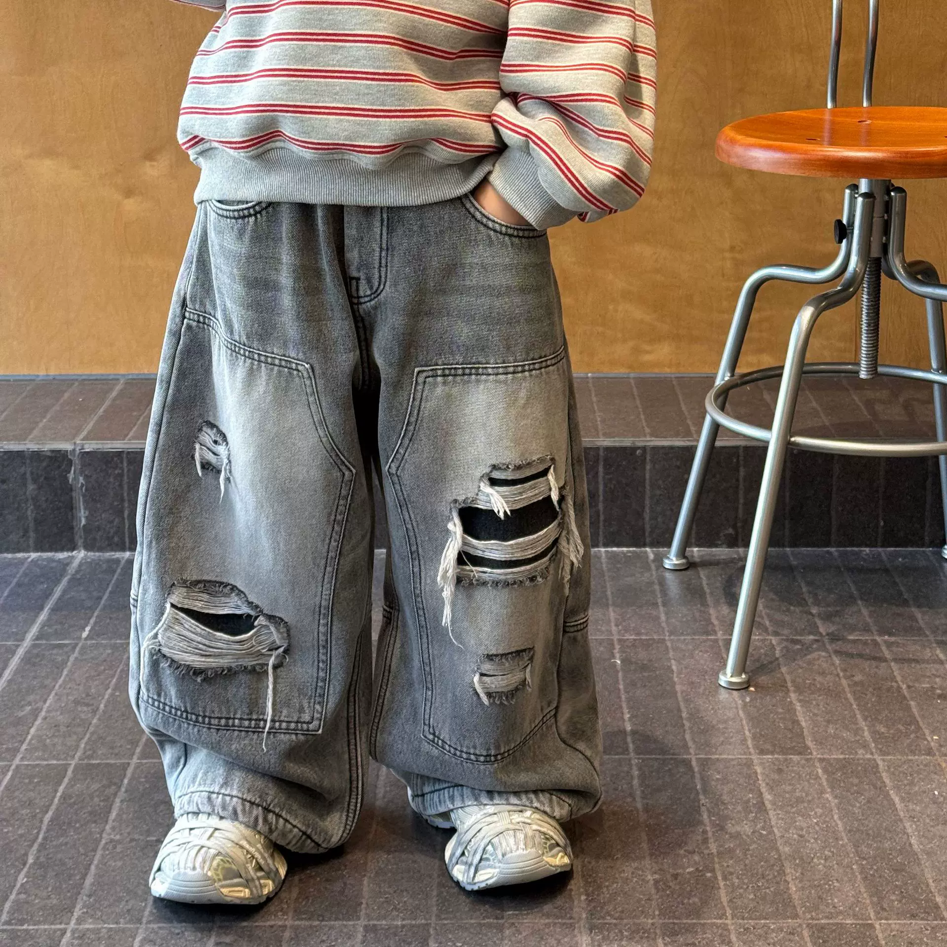 泰如2025冬季新款韩版男童美式破洞加绒加厚保暖牛仔裤儿童长裤潮