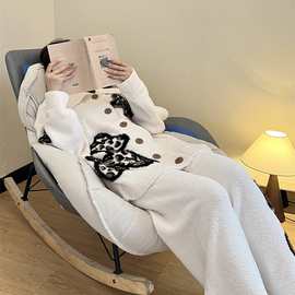 黑白百搭加绒睡衣女款秋冬季2025新款加绒加厚家居服两件套可外穿