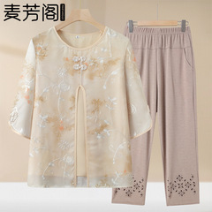 お母さんの夏服の半袖のスーツの女性の新型の洋気のシフォンの上着の中で高齢者の夏のおばあさんの中袖の2つのセット