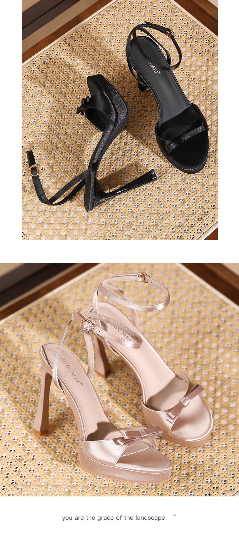Sandal cao gót nữ hở mũi phối nơ satin quai ngang khóa móc, gót 9 cm — Champagne-9cm chi tiết 8
