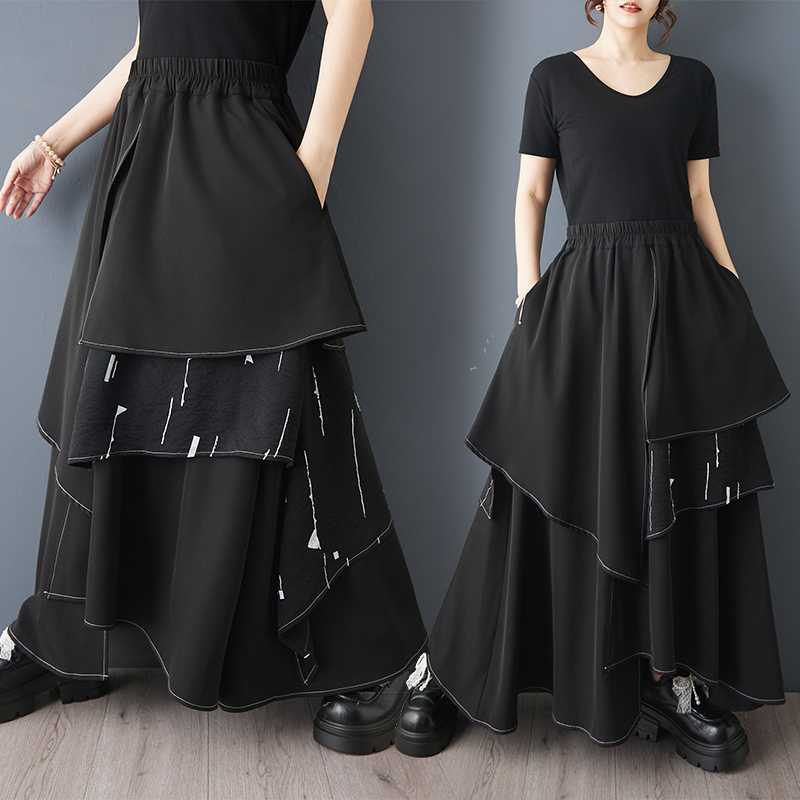 Real Shot of 2026 Summer New Style Dark Style Printed Patchwork Skirt, Fashionable and Versatile, Slimming Irregular A-Line Skirt