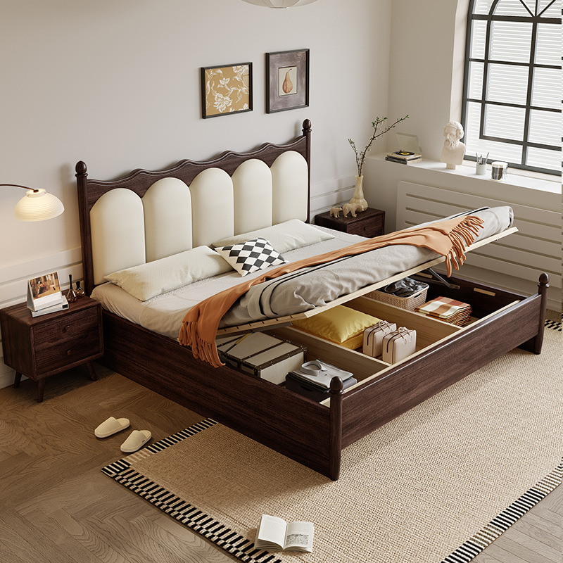 Cama de madera sólida americana retro 1.8m cama doble cama de almacenamiento cama de lujo ligera negra cama de cuero suave cama de respaldo de 1.5m cama