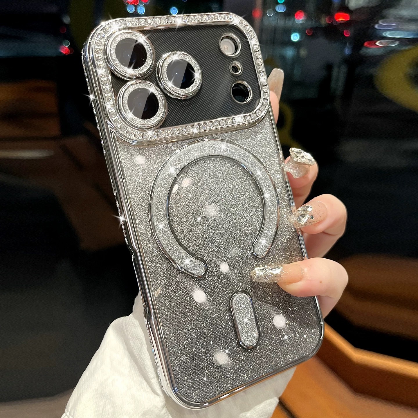 Lujo ligero diamante borde polvo flash absorción magnética para iPhone17PROMAX caso de teléfono móvil de alto nivel sensación de manzana 16 caso