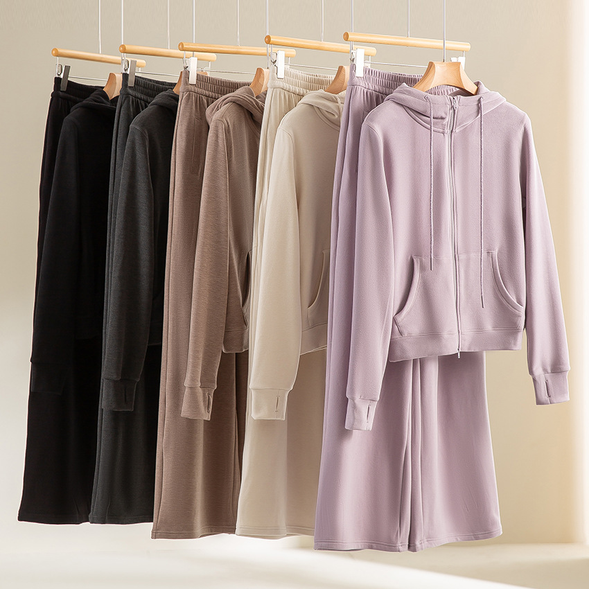 天丝醋酸羊毛外套女连帽卫衣松紧腰阔腿裤运动套装显瘦保暖秋冬装