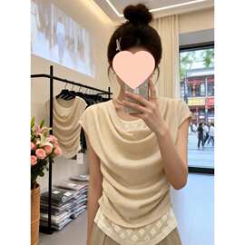 韩系软糯荡领蕾丝拼接假两件短袖女2026夏季新款褶皱收腰修身上衣