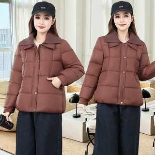 妈妈装冬季羽绒棉服女2026年时尚短款针织翻领小个子加厚棉衣外套
