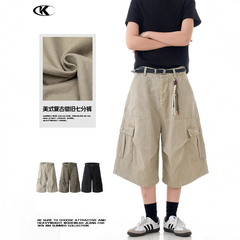 11KN American Retro Multi-Pocket Workwear Shorts Men's and Women's Trendy Brand Loose Straight Wide Leg High-end Cropped Pants