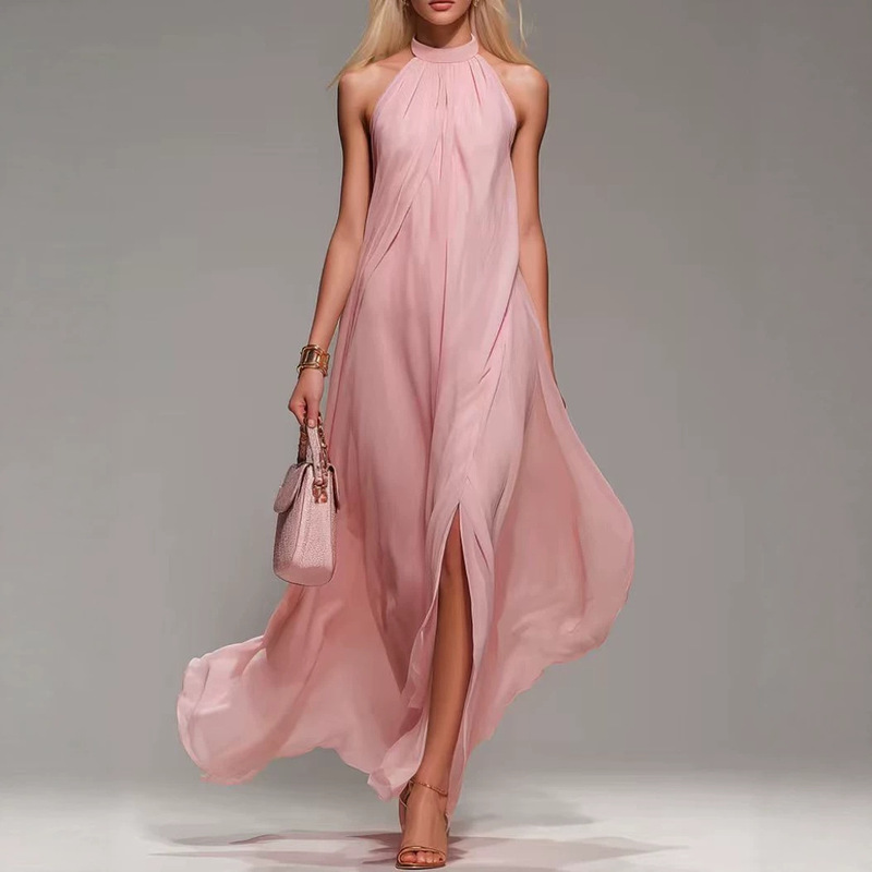 European and American Style Halter Neck Backless Pink Long Dress for Women, Elegant and Flowy with High Slit, Vacation Dress European and American Style Halter Neck Backless Pink Long Dress for Women, Elegant and Flowy with High Slit, Vacation Dress