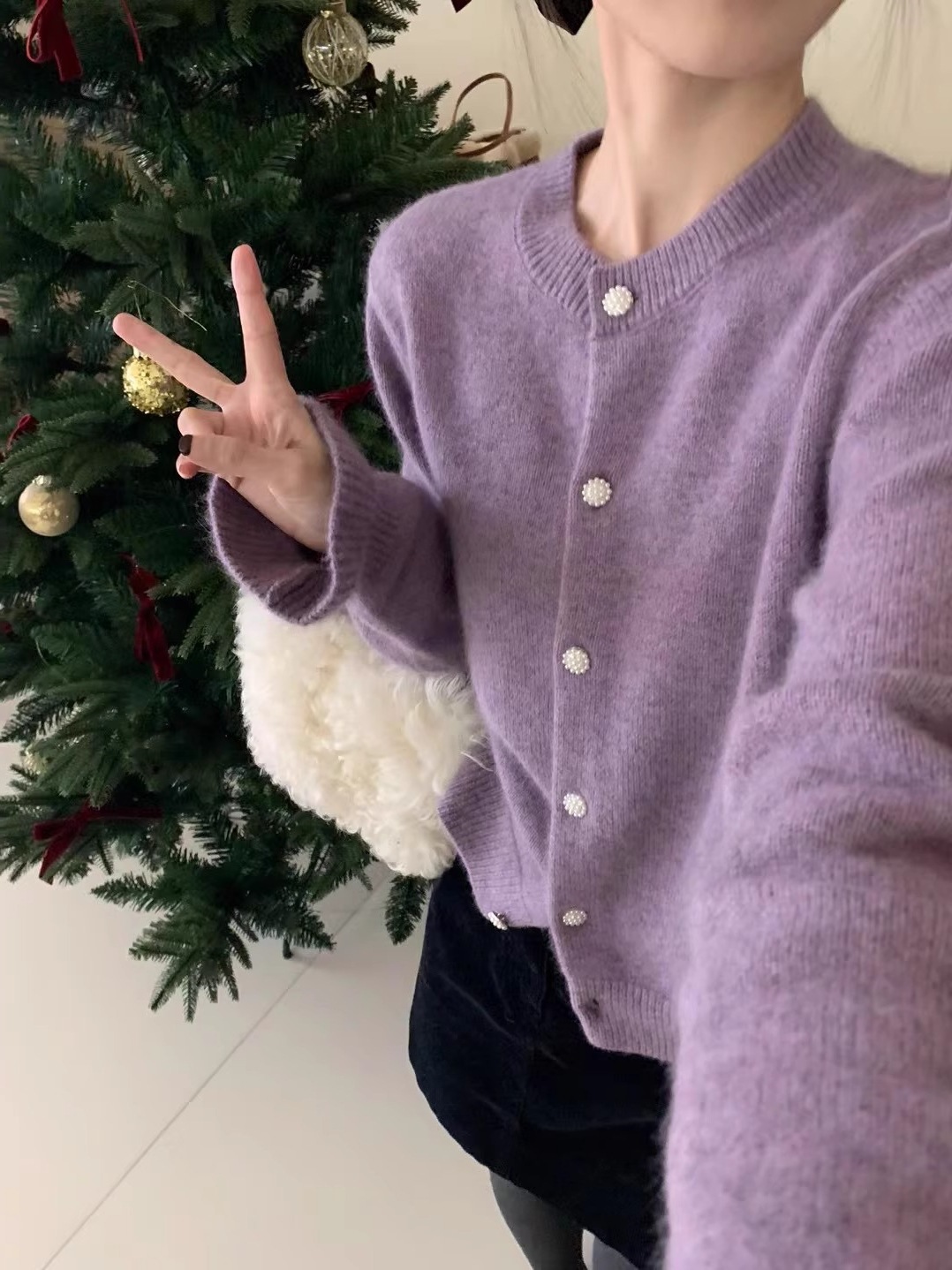 Cardigan coreano in velluto con scollo rotondo e maniche ricamate viola da donna, piccolo cappotto lavorato a maglia profumato primaverile_voghion.com