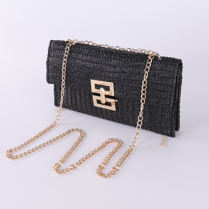 2025 New Vacation Style Multi-Compartment Chain Flap Twist Lock Straw Woven Shoulder Cross-Border Women's Bag_voghion.com