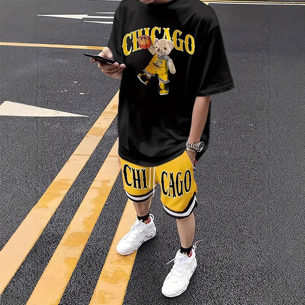 2025 Cross-Border Hot-Selling Suit Fashionable Short-Sleeved T-Shirt Pants Loose Men's 3D Digital Printing Order Standard