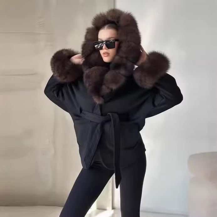 European and American Style Amazon Aliexpress Hot-Selling Fashion Trendy Versatile 2-Color Fur Collar Hooded Woolen Coat
