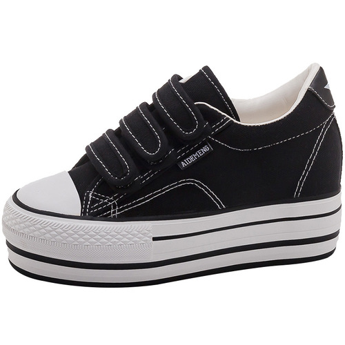 Women's canvas shoes with an inner height of 8 cm 2024 new autumn thick-soled Velcro Korean style lazy student sneakers