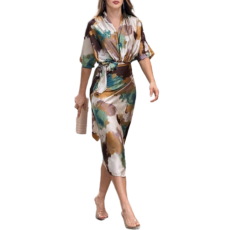 New Spring Women's Dress: Elegant Printed V-Neck With Belt And Waistband, Fitted Dress_ecoleips.com