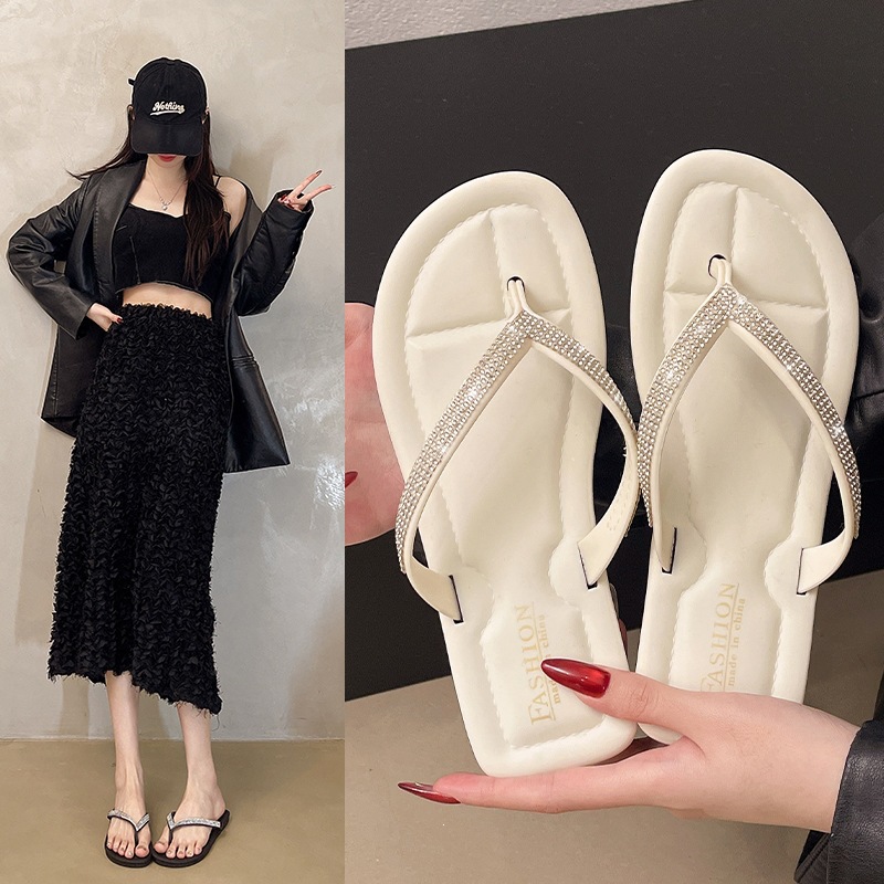 夏季法式小众水钻极简人字拖女柔软舒适平底拖鞋外穿休闲沙滩凉拖