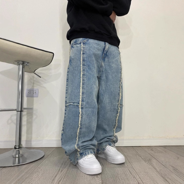欧美秋冬复古毛边直筒牛仔裤男街头嘻哈显瘦宽松休闲阔腿长裤跨境|undefined