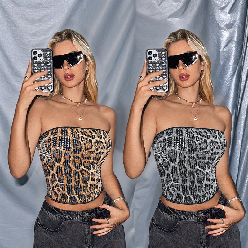 ZY6020 cross-border European and American style foreign trade new personality street trend leopard print tube top sequin women's clothing party