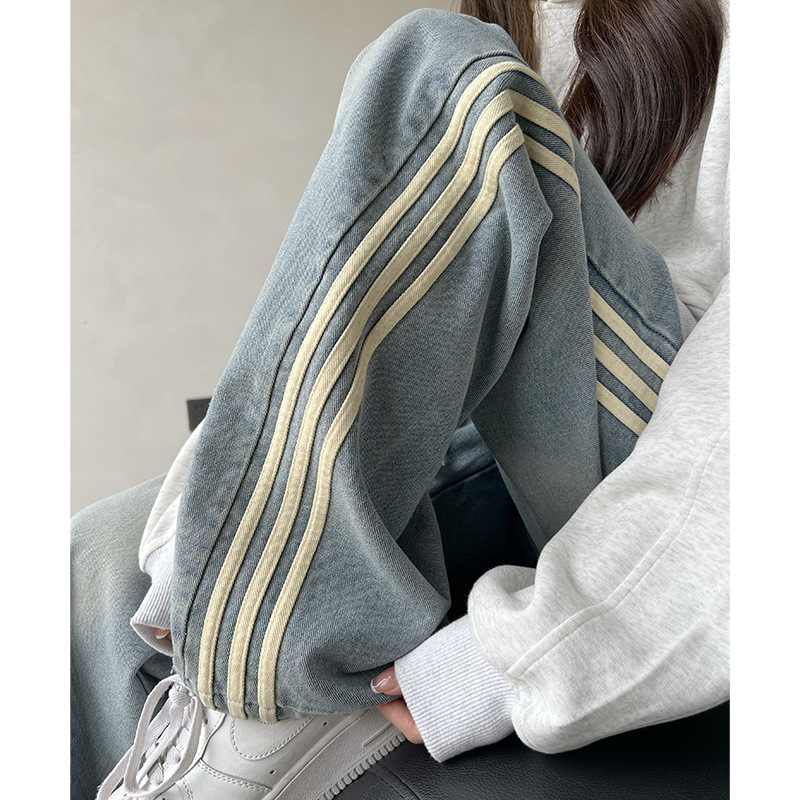 American Jeans for Women 2024 New Spring & Fall High-Waisted Stripesd Retro Sports Loose Pear-Shaped Wide-Leg Pants