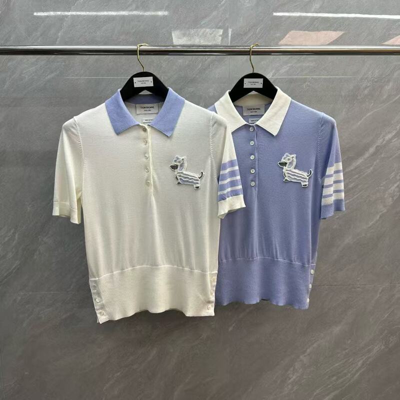 Factory Direct Tb Women's Lion Dog Embroidered Four-Bar Merino Thin Wool Lapel Short-Sleeved Knitwear