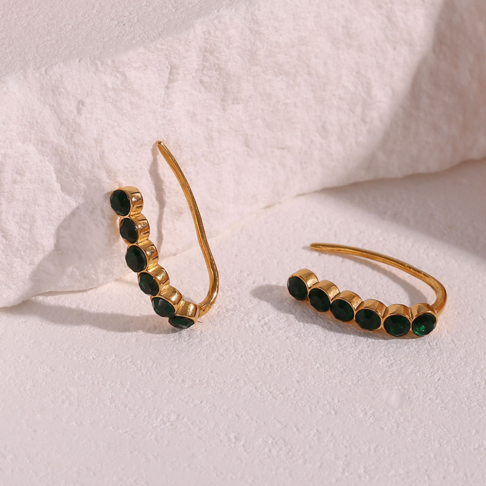 Green Zircon Inlaid Fishhook Stainless Steel Earrings