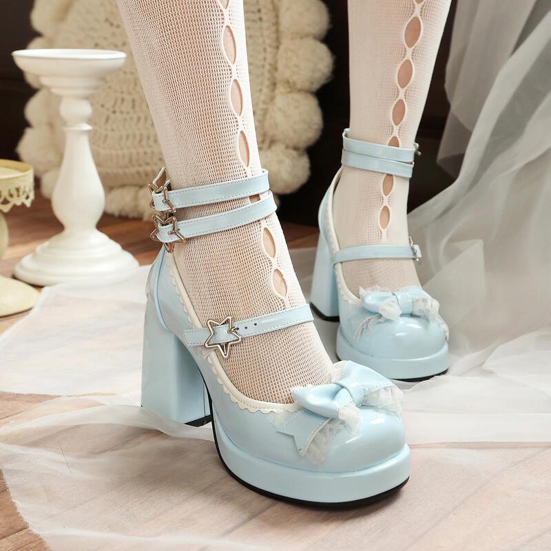 New Lolita Style Lace-Trimmed Shallow-Mouth Women's Shoes with Thick Soles and Chunky High Heels, Sizes 40-43, Large Size Export Shoes New Lolita Style Lace-Trimmed Shallow-Mouth Women's Shoes with Thick Soles and Chunky High Heels, Sizes 40-43, Large Size Export Shoes