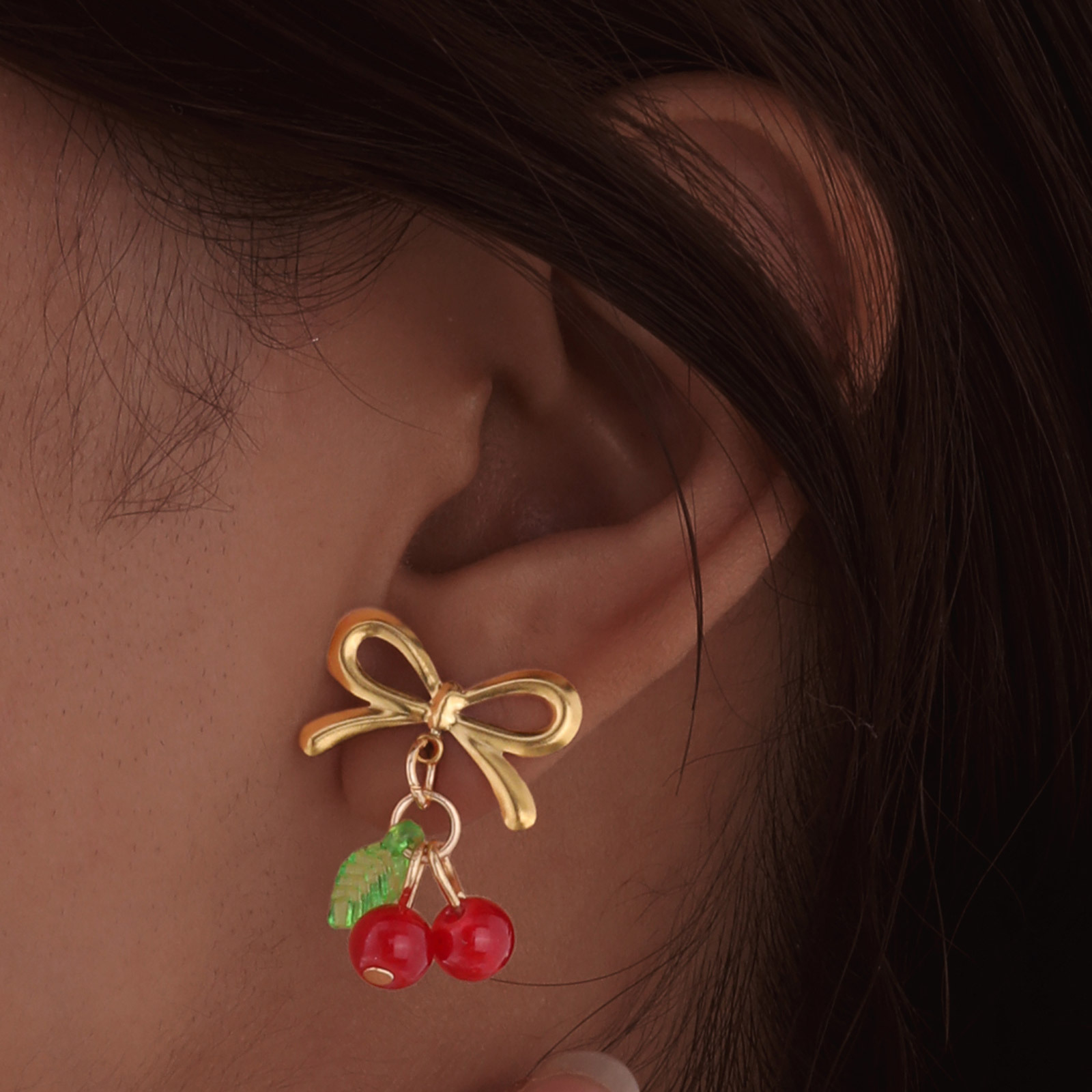Women's Gender Polished Finish 1 Pair IG Style Sweet Cherry Bow Knot Plating 304 Stainless Steel Resin Drop Earrings