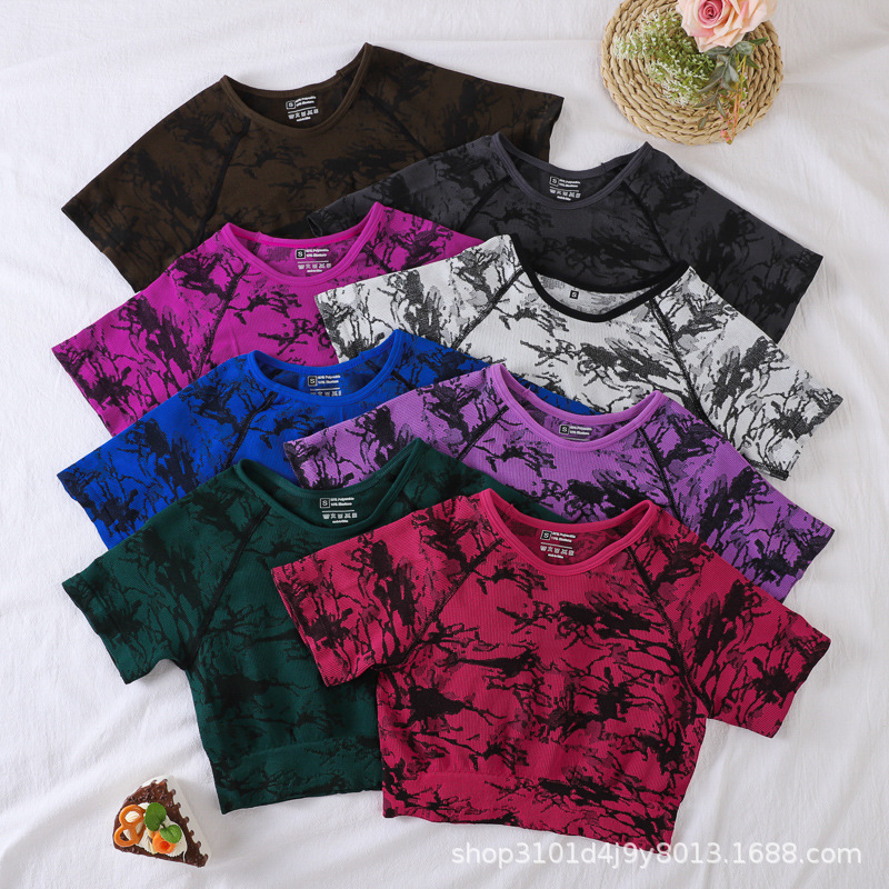 Cross-Border High-Waisted Tummy Control Fitness Quick-Dry Outerwear Tight Running Sports Pants Tie-Dye Jacquard Yoga Back Top