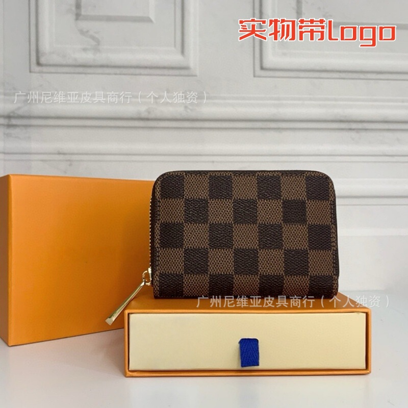 クロスボーダーサプライ 新品 クラシック オールドフラワー チェッカーボード 小銭入れ ダミエ ブラックフラワー 本革 ショートカードホルダー ロゴ付き|undefined