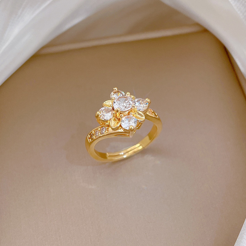 Full Diamond Flower Zirconia Ring Adjustable Gold Luxury Jewellery_voghion.com