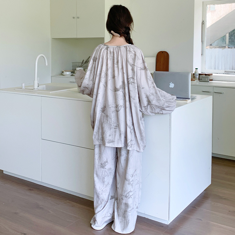 봄 여름 레이스업 클라우드 코튼 여성 잠옷, 홈웨어 투피스 세트, 플라워 아티스틱 라운드넥, 투피스 긴팔 바지