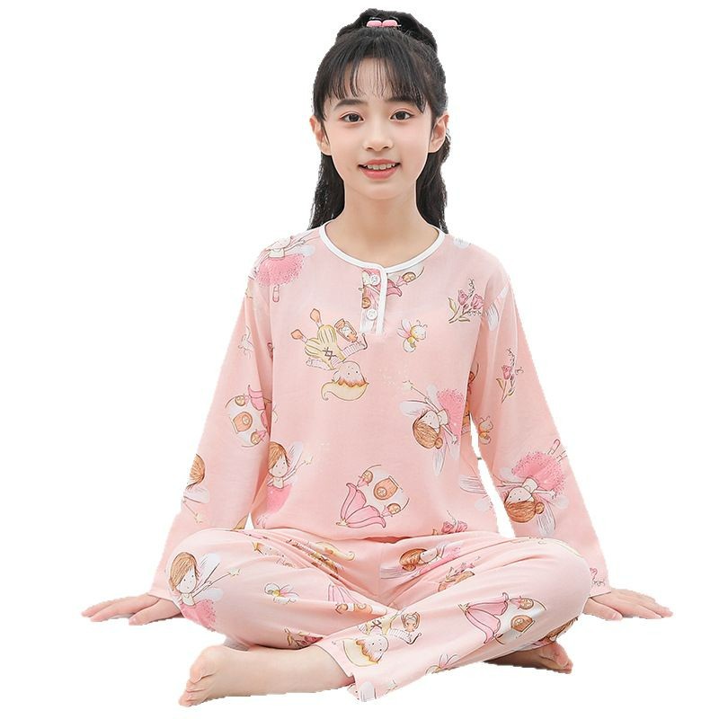 New children's cotton silk pajamas summer thin boys and girls cotton silk long sleeve suit lyocell home clothes wholesale