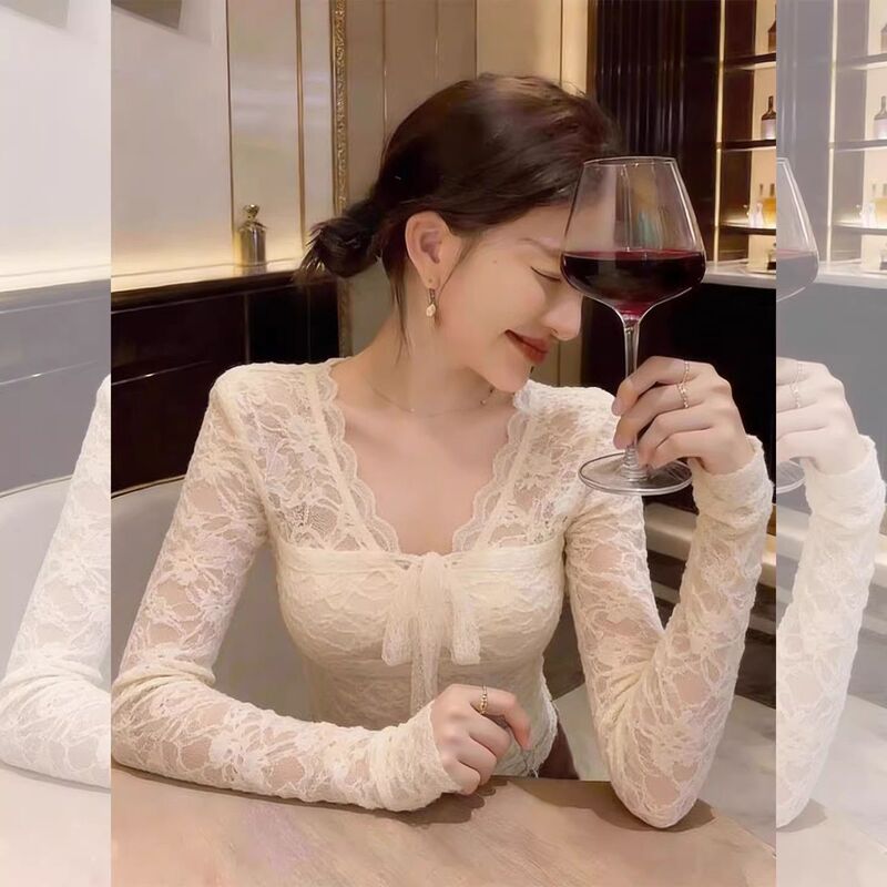 Chic and Stunning Bow-Tie Long-Sleeve T-Shirt for Women, Early Spring Pure Desire Style, Slim Fit Lace Base Layer Top