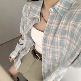 蓝白格子翻领长袖衬衫女夏季宽松中长款小众衬衣休闲盐系防晒上衣