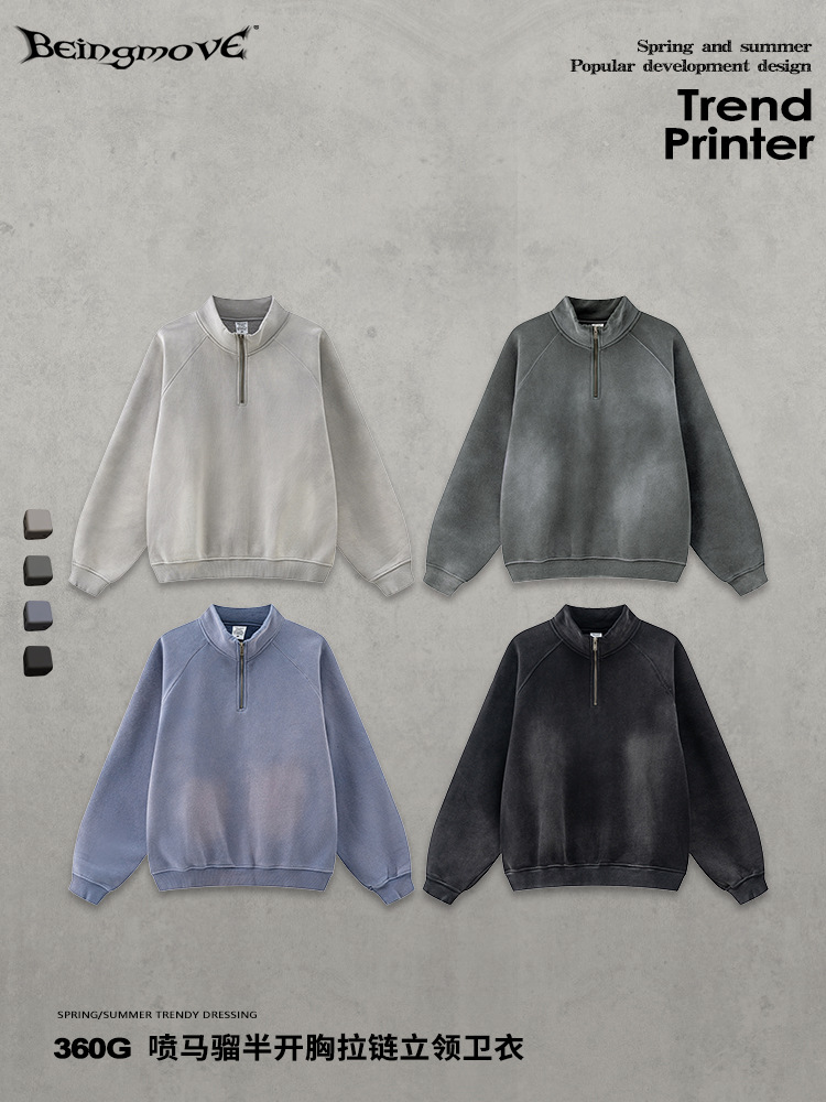 2025 otoño marca de moda americana gradiente medio cremallera con camisa de terciopelo suelta moda vintage collar top hombre