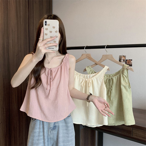 Pure Desire Camisole Sleeveless Vest Women Summer Thin Women's Drawstring Round Neck Slim Fit Short Top Small Shirt Women