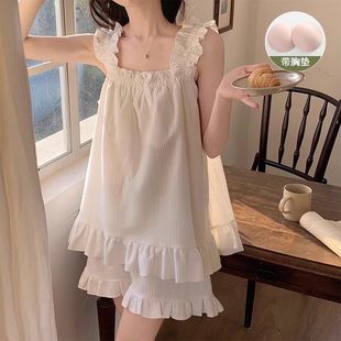 Women's Summer Suspender Suit with Breast Pads, Thin, Breathable, Sweet and Cute Girl Princess Style Casual Home Wear